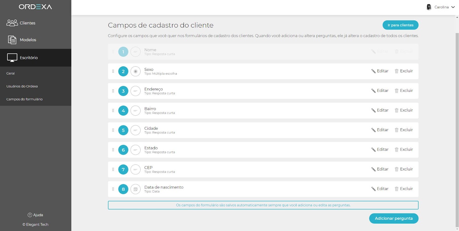 Tela de ficha de cadastro de clientes do Ordexa