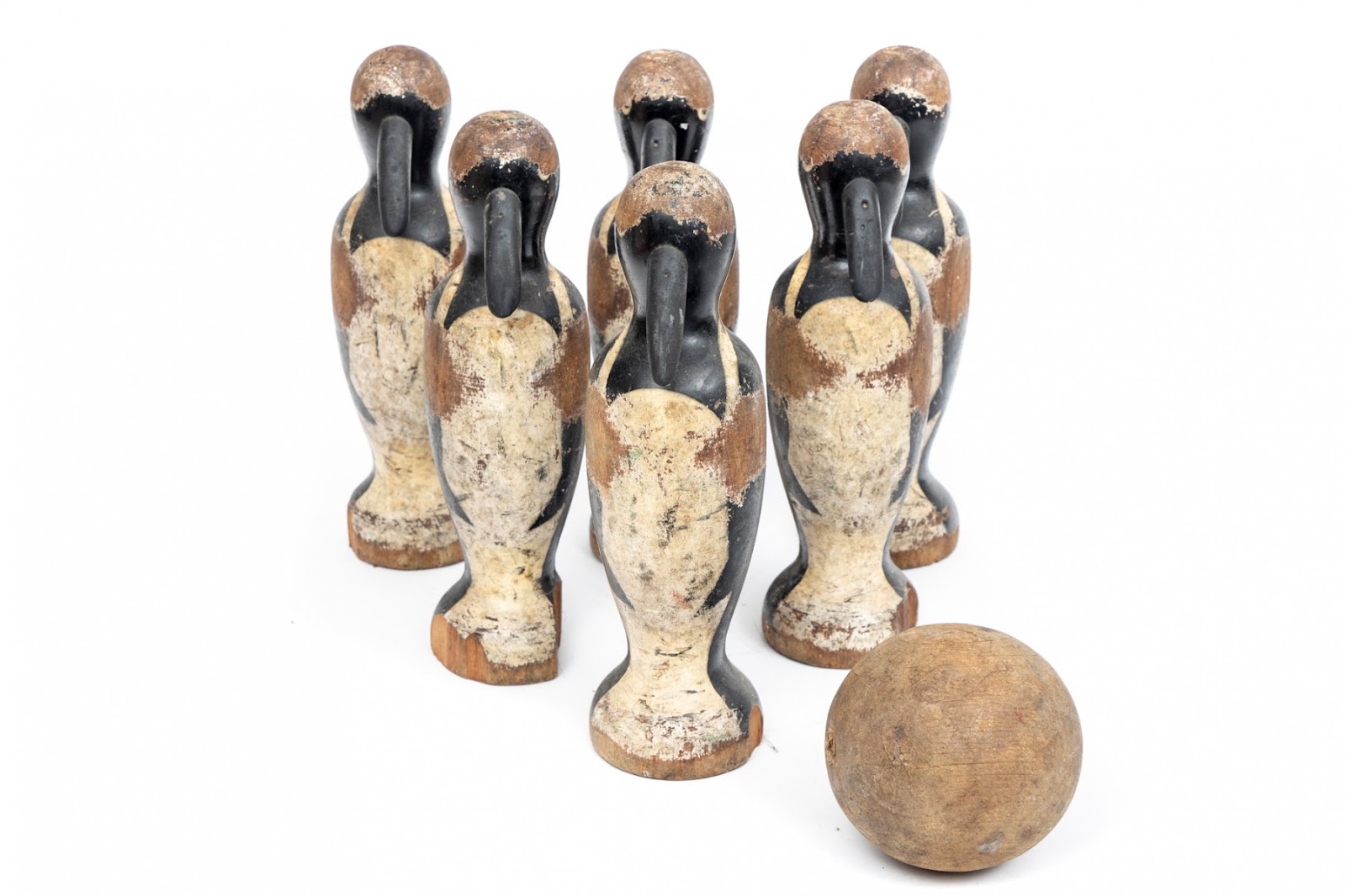 Vintage, Rustic Folk Art Penguin Form Bowling Set with 6 Pins and a Ball 