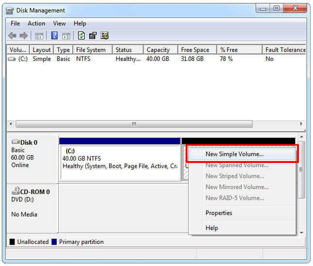 Select "New Single Volume" in the disk management window