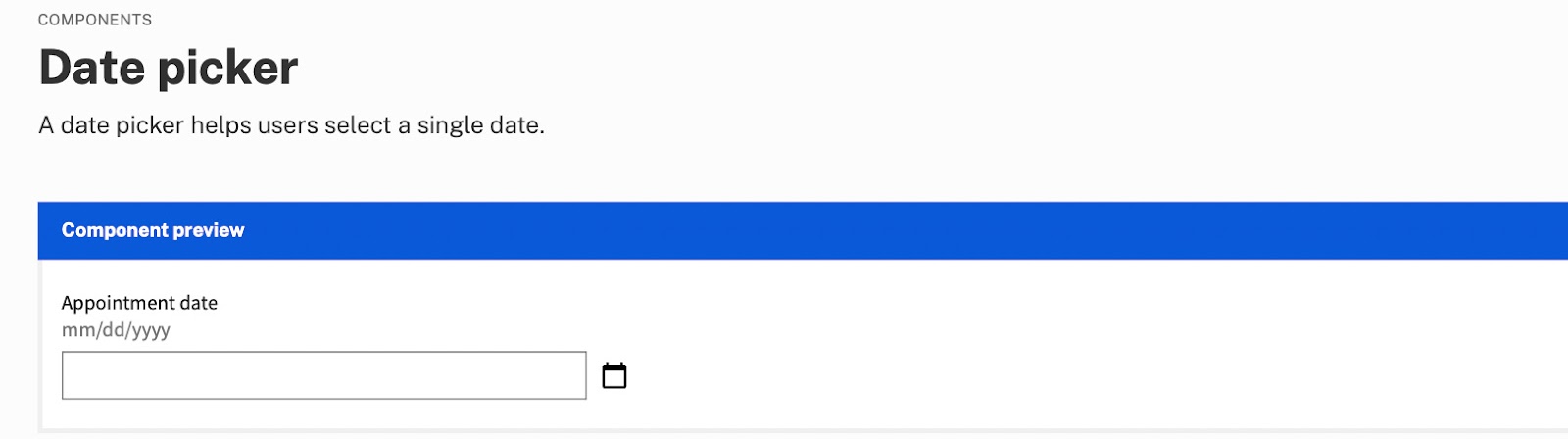 date picker component in US web design system