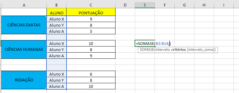 Inserindo parâmetros na função =SOMASE