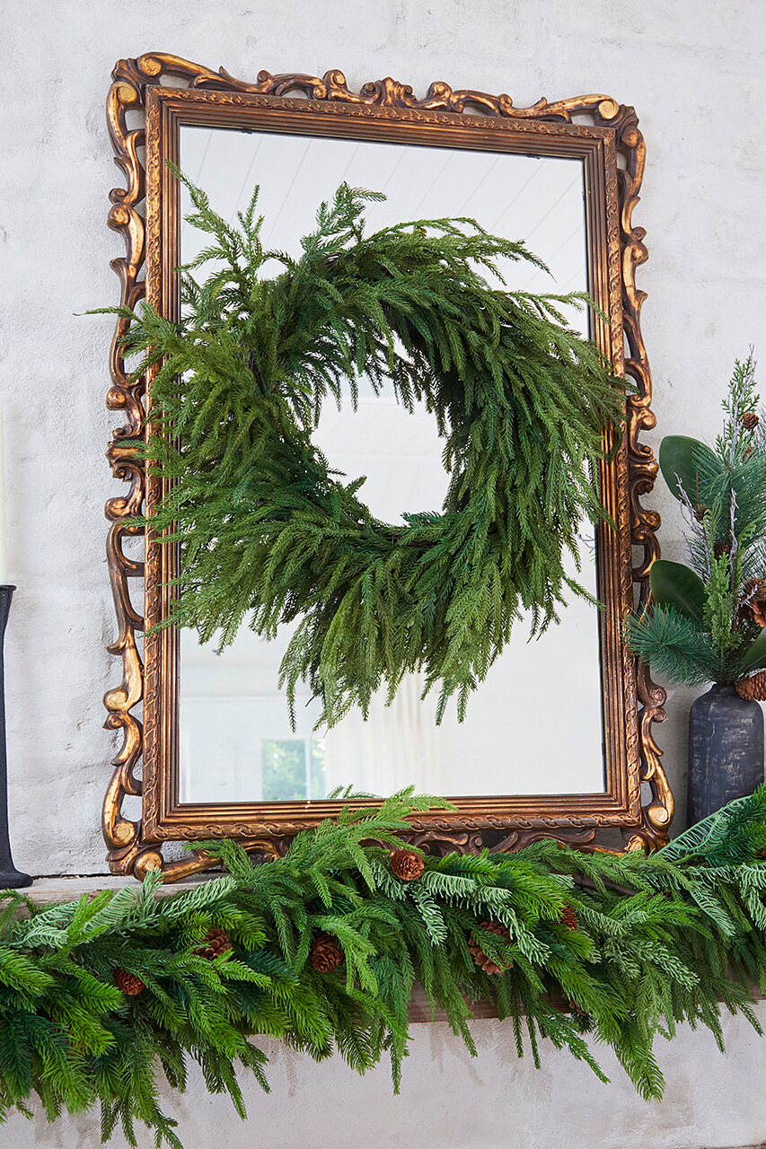a Norfolk wreath on the mirror 