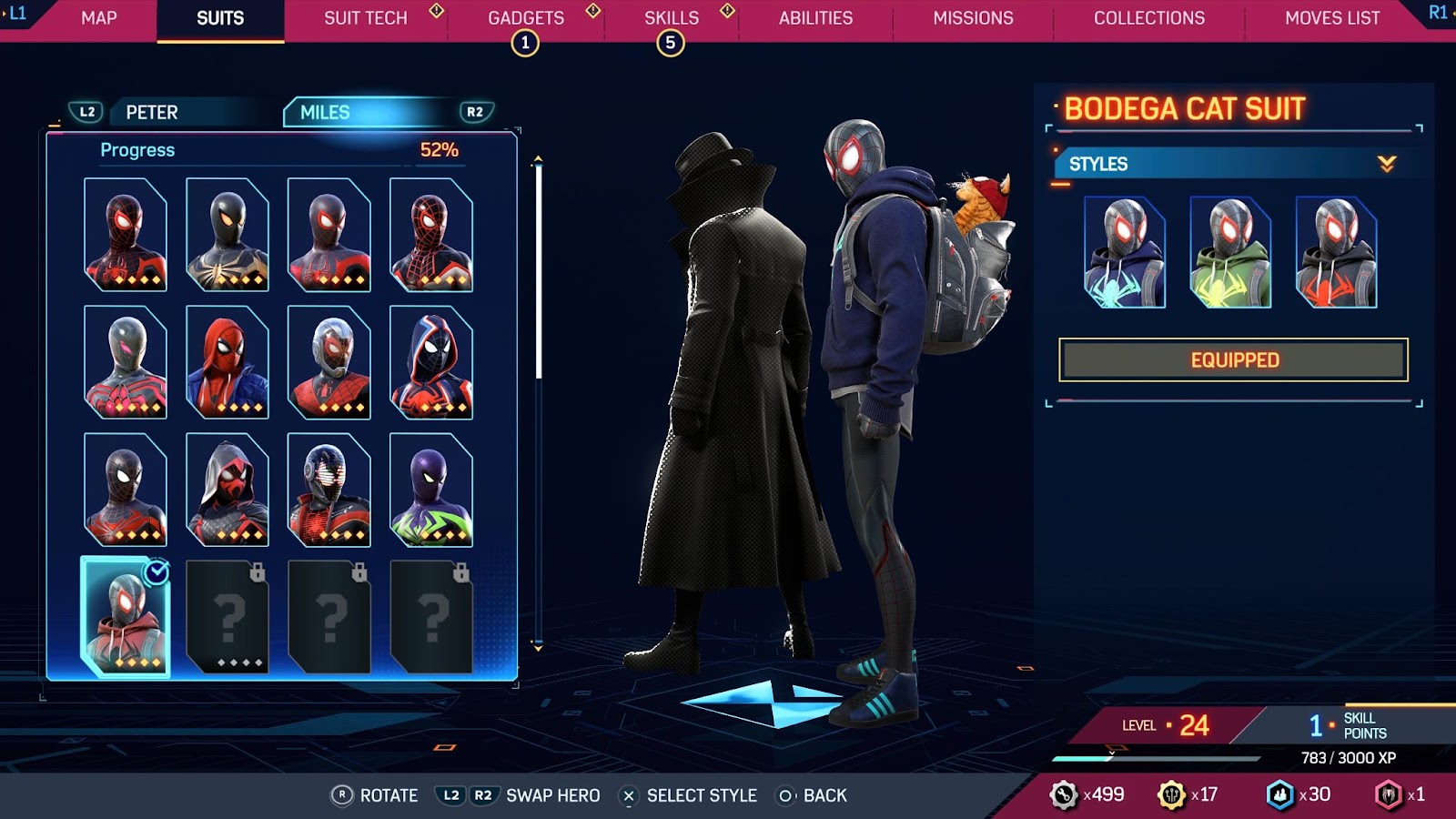 An in game screenshot of the suits menu from Marvel's Spider-Man 2.
