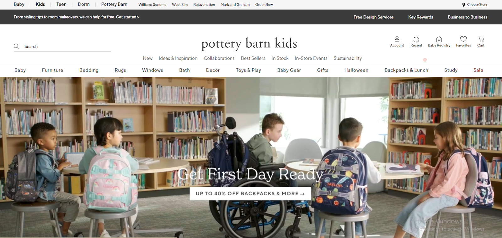 Pottery Barn Kids home page.