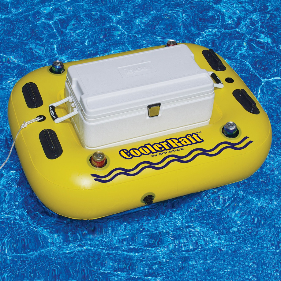 inflatable cooler raft floating in a swimming pool