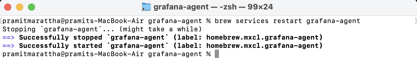 Saving Grafana Agent config file and restarting service on macOS to apply changes - grafana snowflake - snowflake integration - grafana cloud - grafana dashboard - grafana alerts - snowflake grafana - grafana dashboard examples - grafana monitor - grafana alerts examples - Snowflake monitor