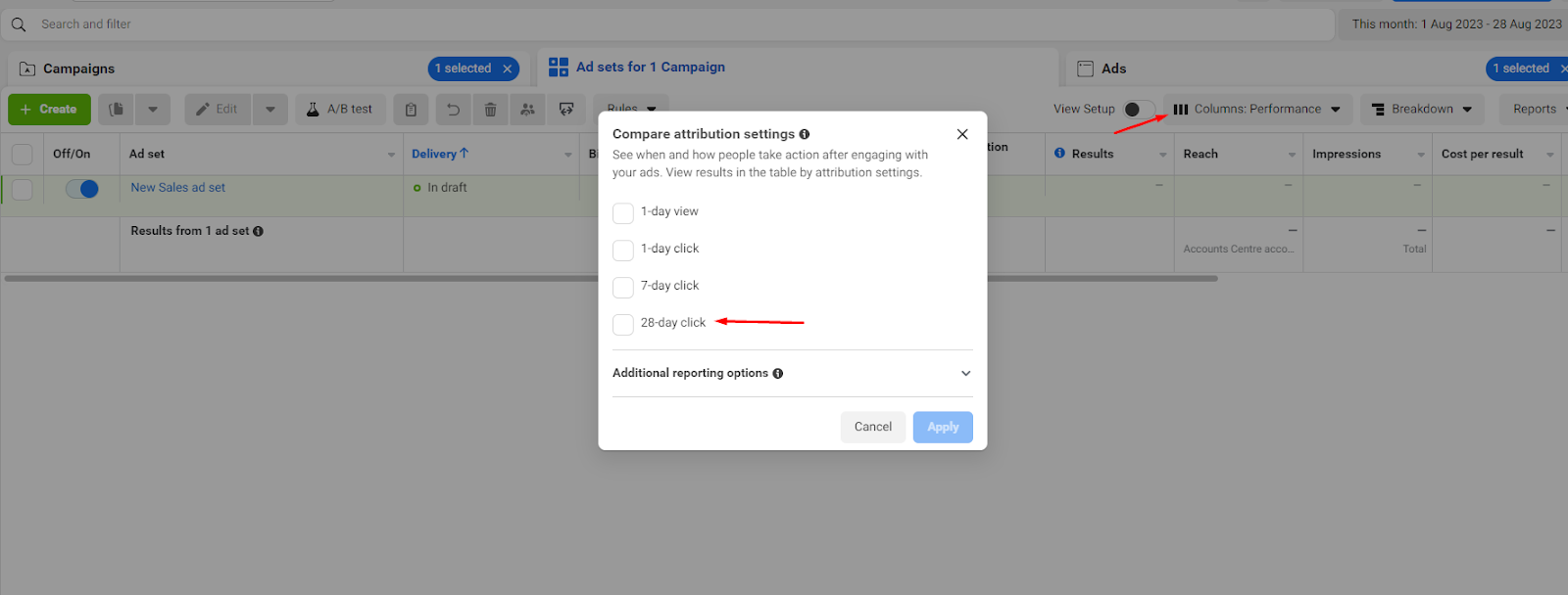 Setting: compare attribution setting in Facebook Ads