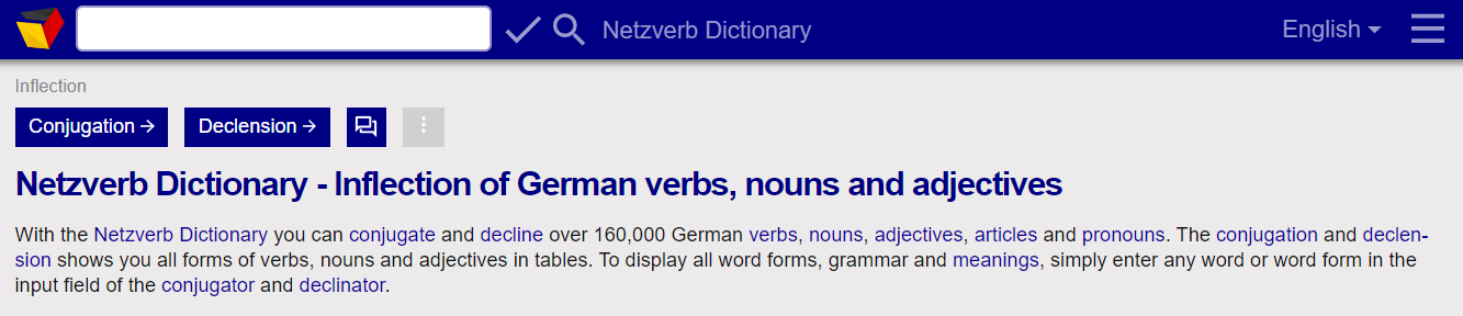 Tương tự hai từ điển trên, Verbformen còn cung cấp các dạng được chia của động từ và nghĩa của từ vựng sang các thứ tiếng Anh, Ba Lan, Tây Ban Nha, Pháp, Nga,...
