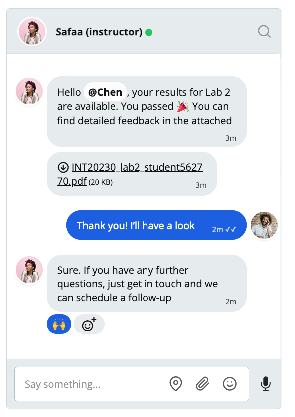 A direct message exchange between an instructor and a student. The instructor sends a file, and the student confirms receipt.
