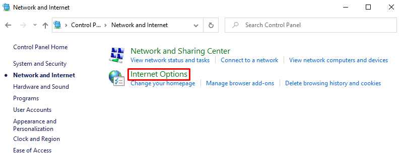 Sélection des options Internet dans le panneau de configuration de Windows