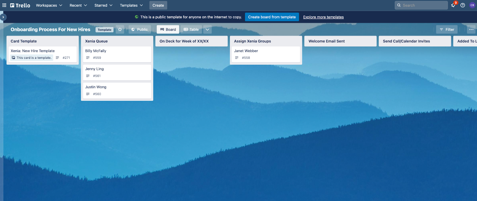 Trello's Onboarding Process For New Hires board template