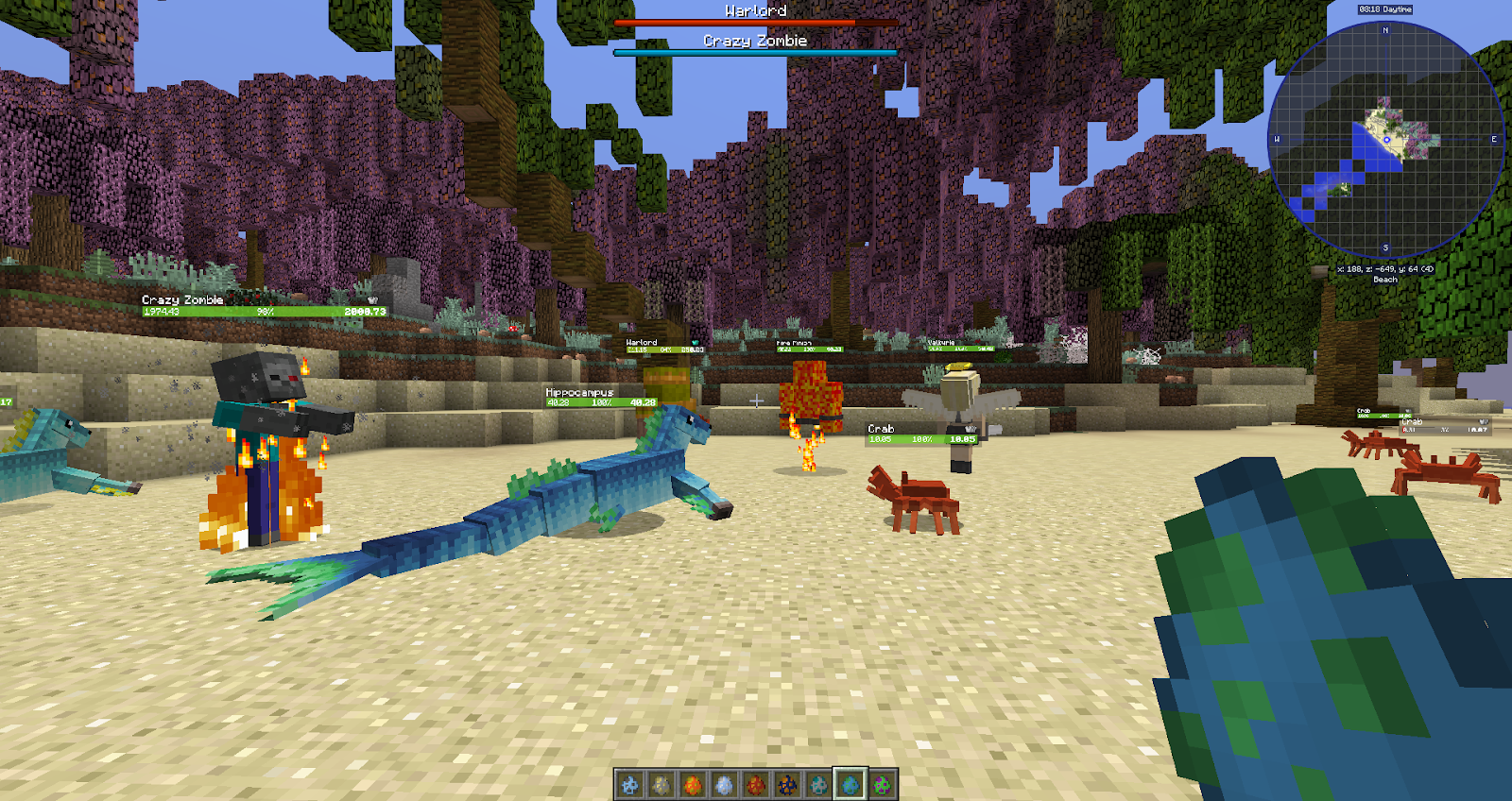 A screenshot from the modpack showing a handful of different creatures including crabs, sea monsters, a witch, and a zombie.
