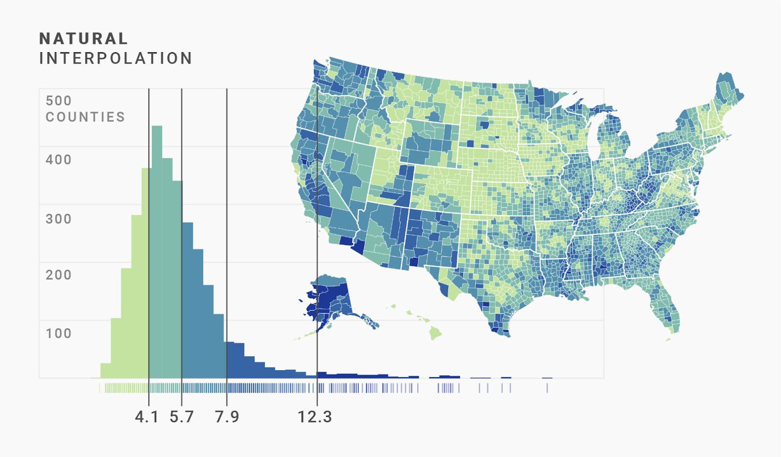 Histogram and choropleth map for a natural interpolation for a stepped map.