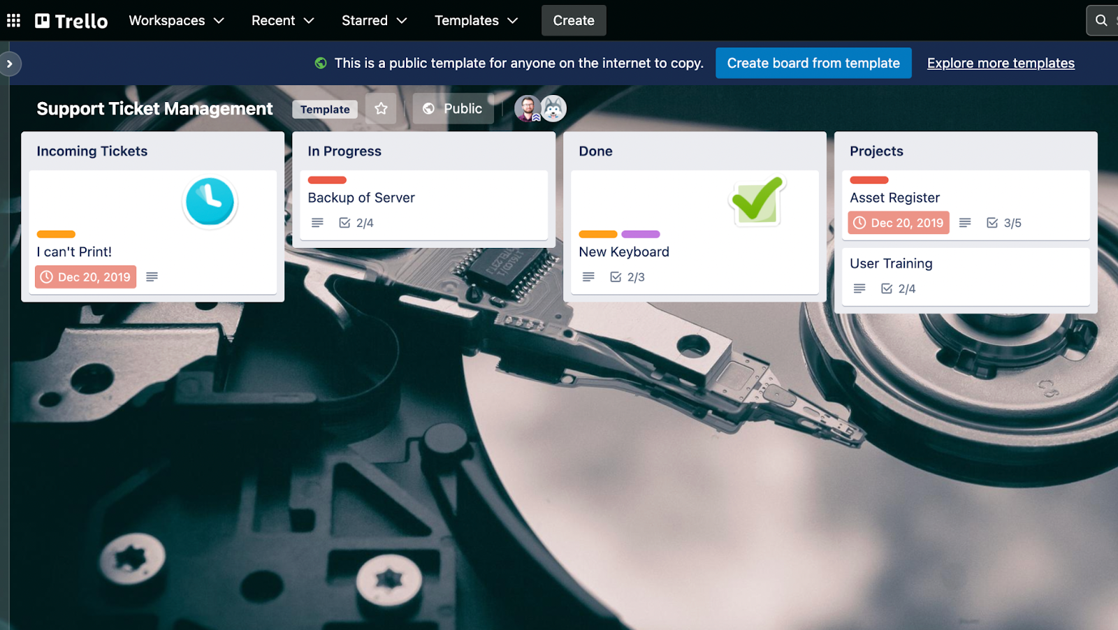 Screenshot of a Support Ticket Management board template in Trello