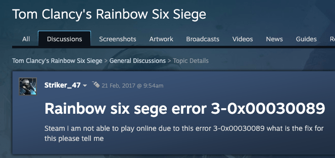 Rainbow Six Siege Error 3-0x00030089