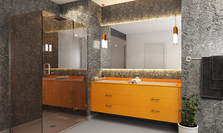 Home design trend in Pune with dark pattern wallpaper for bathroom walls