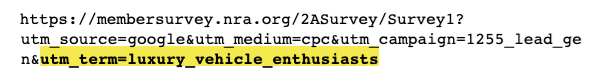 Example NRA ad clickthrough URL, with UTM query string parameters showing the intended audience is luxury vehicle enthusiasts.