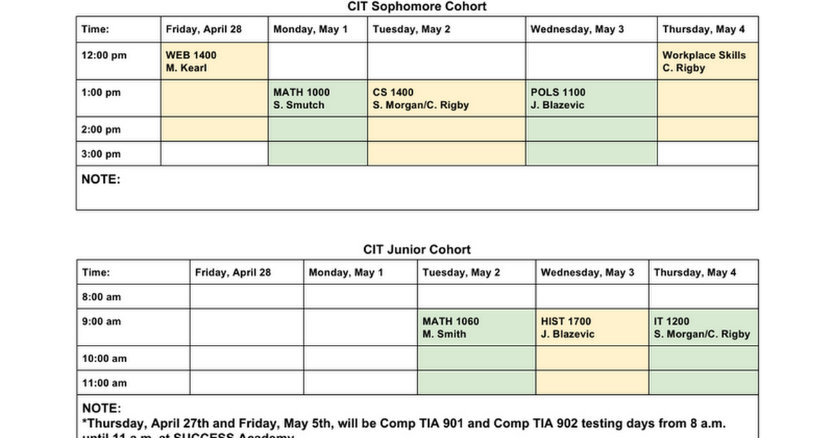 CIT Final Exam Schedule Spring 2017 Google Docs