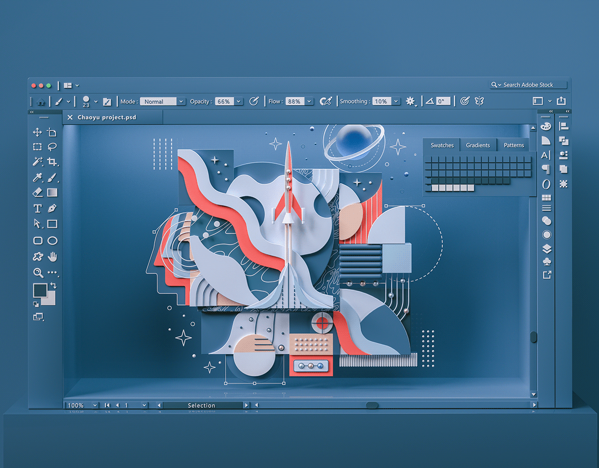 3D blue c4d Interface octane photoshop red