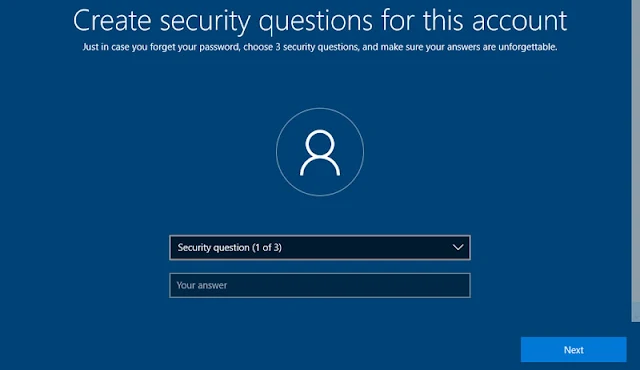 أسئلة الأمان في تثبيت Windows 10