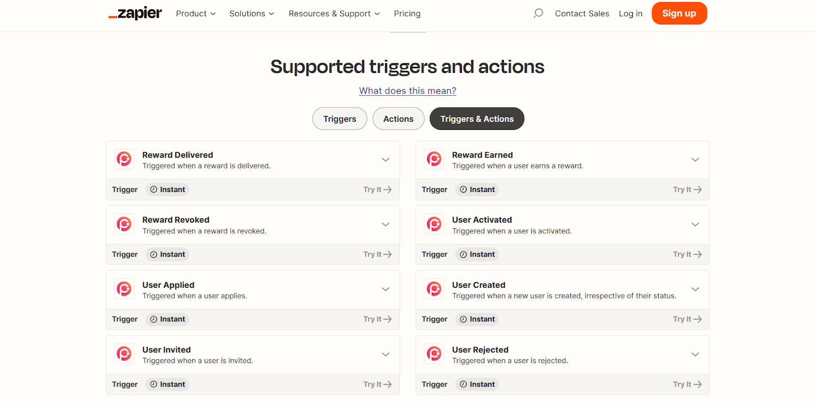 Zapier’s supported triggers and actions for Prefinery users.