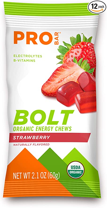 PROBAR - Bolt Organic Energy Chews, Strawberry, Non-GMO, Gluten-Free, USDA Certified Organic, Healthy, Natural Energy, Fast Fuel Gummies with Vitamins B & C (12 Count)
