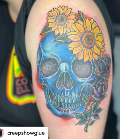Funny Blue Skull Sunflower Tattoo Design