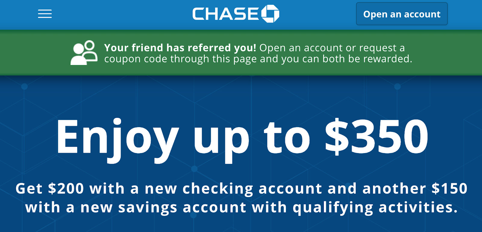 Screenshot of Chase $350 bonus 