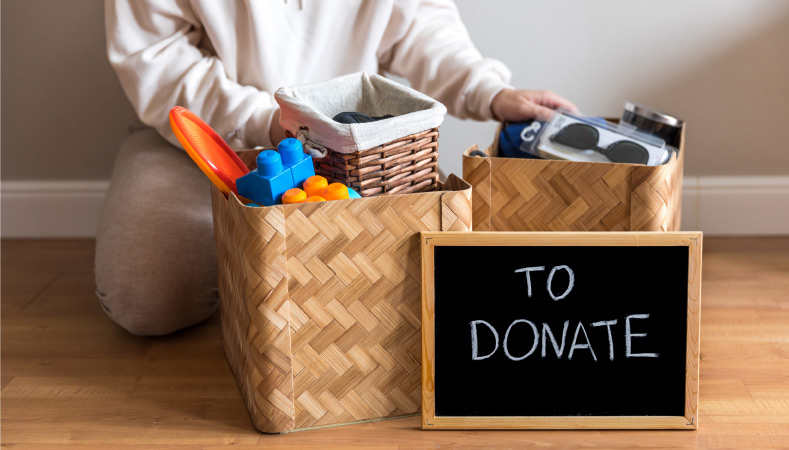 A woman placing some of her belongings in donation boxes