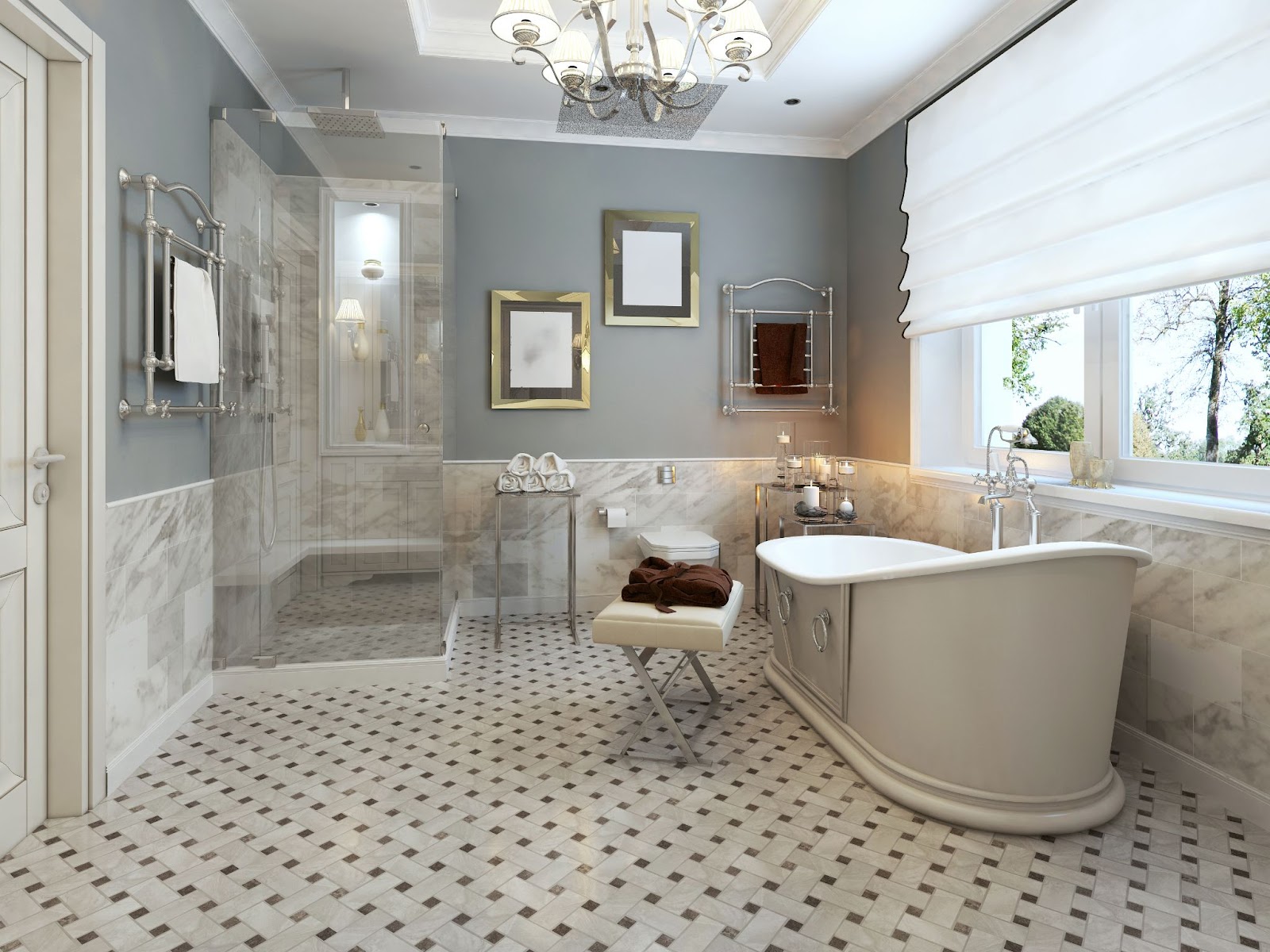 boehmian style bathroom with grey blue walls, large white shades, a bathtub, and fancy flooring