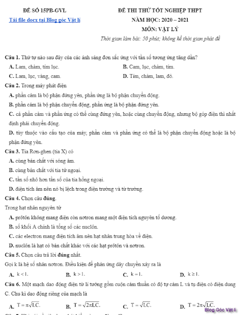 Đề thi thử Tốt Nghiệp THPT Môn Vật Lý số 15PB-GVL  có lời giải chi tiết" thuộc chủ đề Vật lí 12 LTĐH