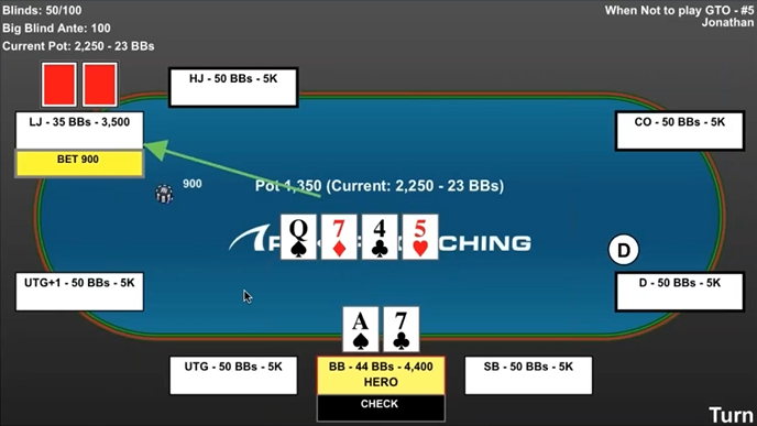 Although GTO tells you to call in this spot, facing a nitty poker player deviate from GTO poker and make an exploitative fold with second pair.