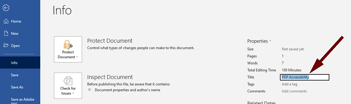 in Word document properties, Title marked PDF Accessibility