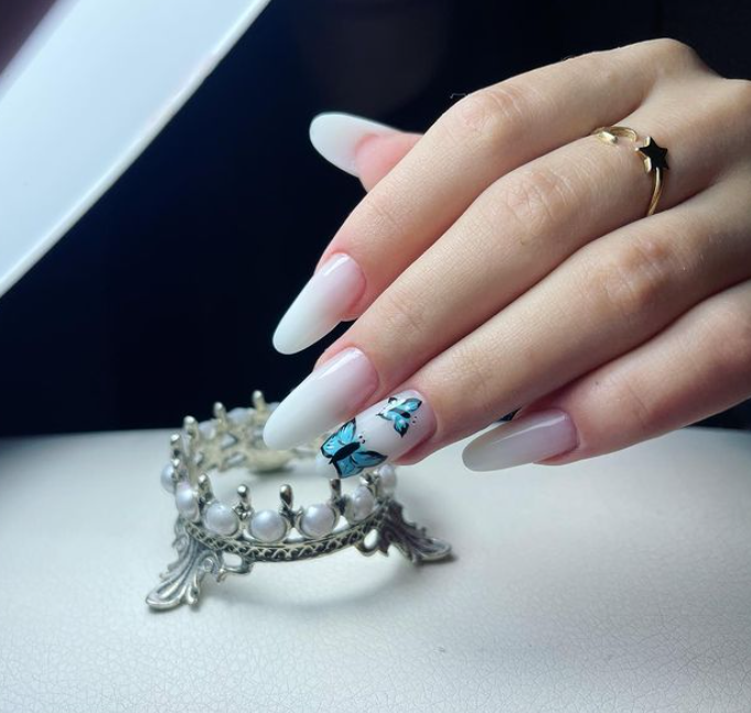 Cloud Butterfly White Nails With Design