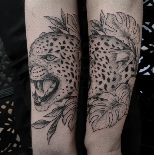 Roaring Cheetah Monstera Tattoo