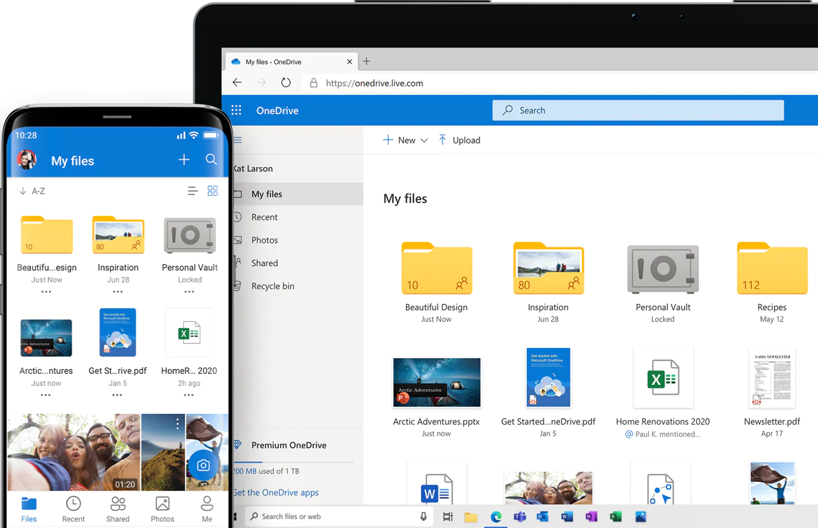 OneDrive cloud storage for teams interface, mobile and website