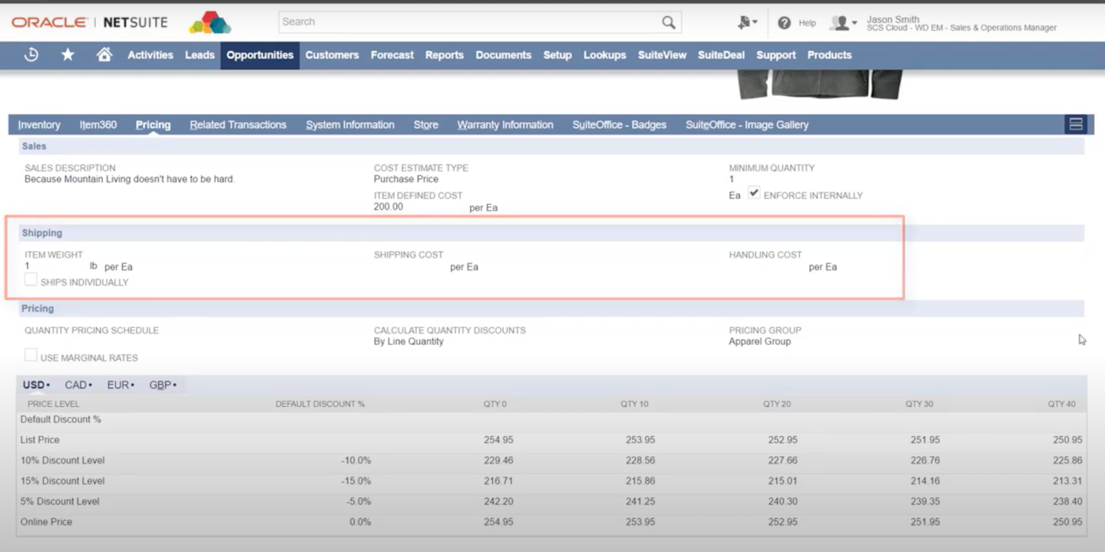 The shipping section in Netsuite's pricing subtab, showing item weight, shipping cost, and handling cost. 