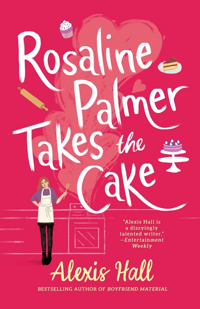 The cover of ROSALINE PALMER TAKES THE CAKE is pinkish-red and features an apron-wearing femme holding a wooden spoon standing in front of a chalk-sketch style cooktop.