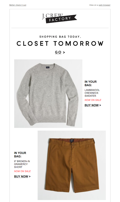 An abandoned cart email example from J.Crew
