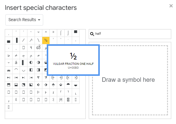 Insert half symbol in Google docs