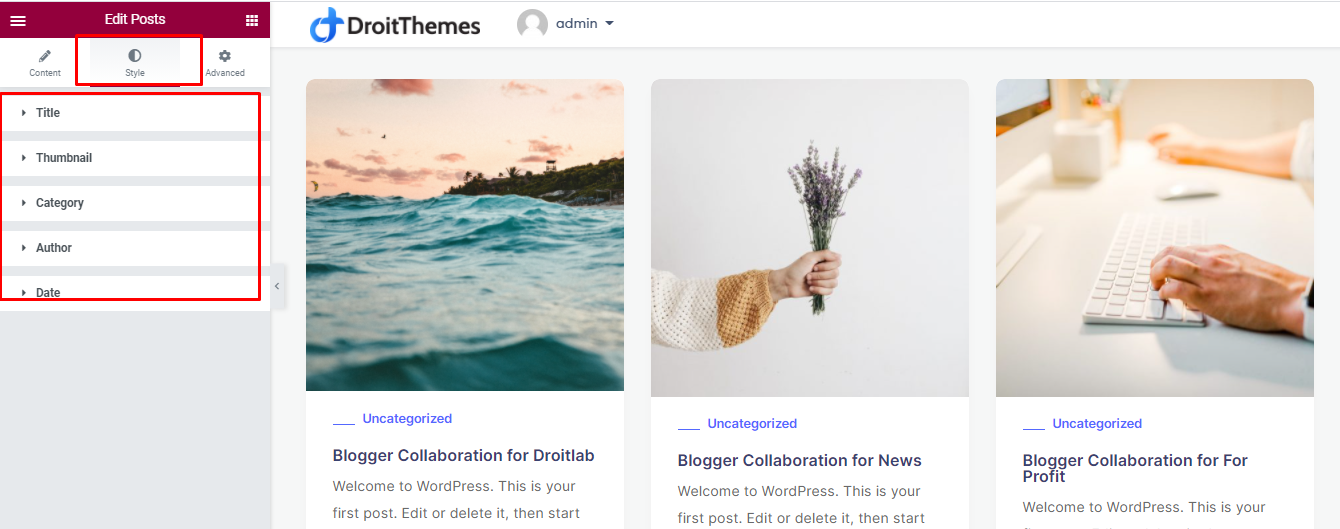 Blog widget's Style edit section highlighted