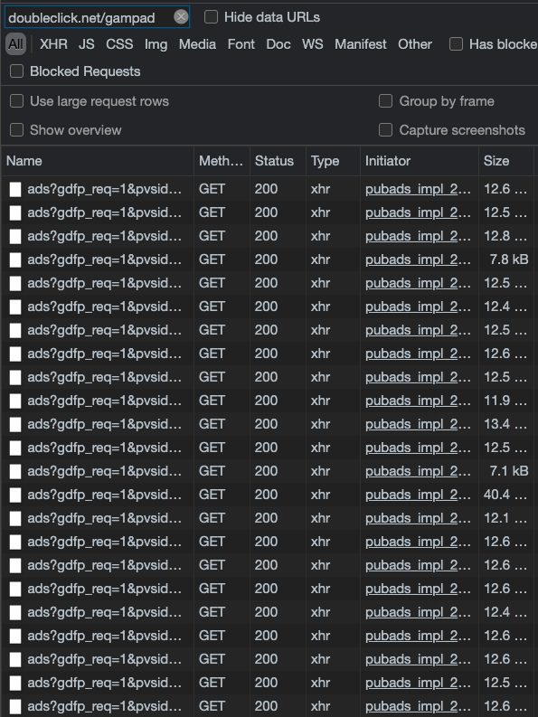 Screenshot of Chrome Developer Tools network tab, illustrating several dozen HTTP requests to  securepubads.g.doubleclick.net/gampad/ads, representing distinct ad impressions.