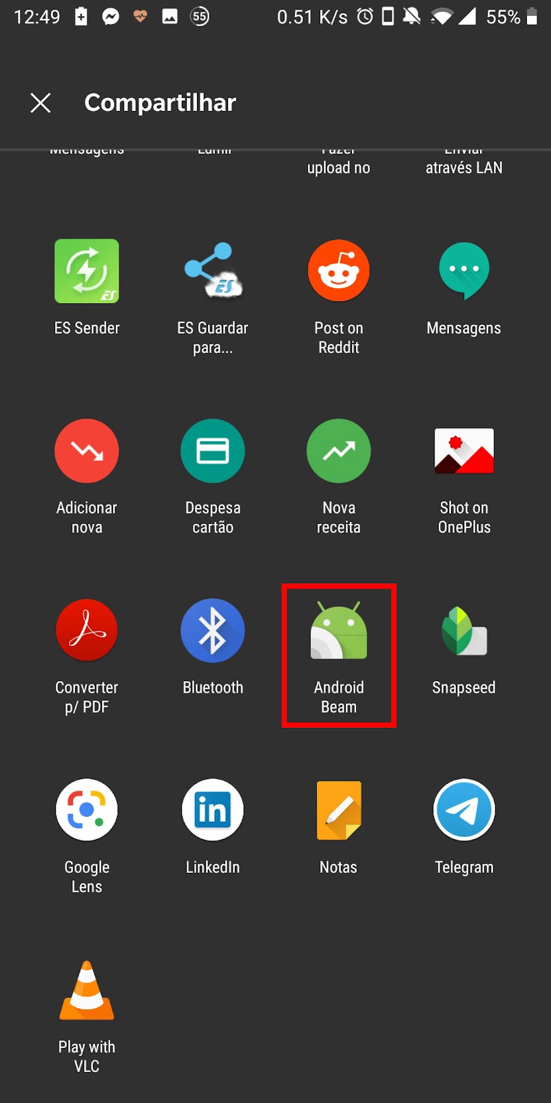 menu de compartilhamento do android