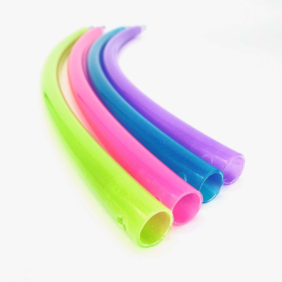 four sections of a sectional hula hoop. one is lime green, one pink, one turquoise and one lavendar