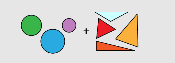 circles (1 blue, 1 purple, and 1 green) + triangles (1 red, 1 orange, 1 yellow, and 1 light blue)