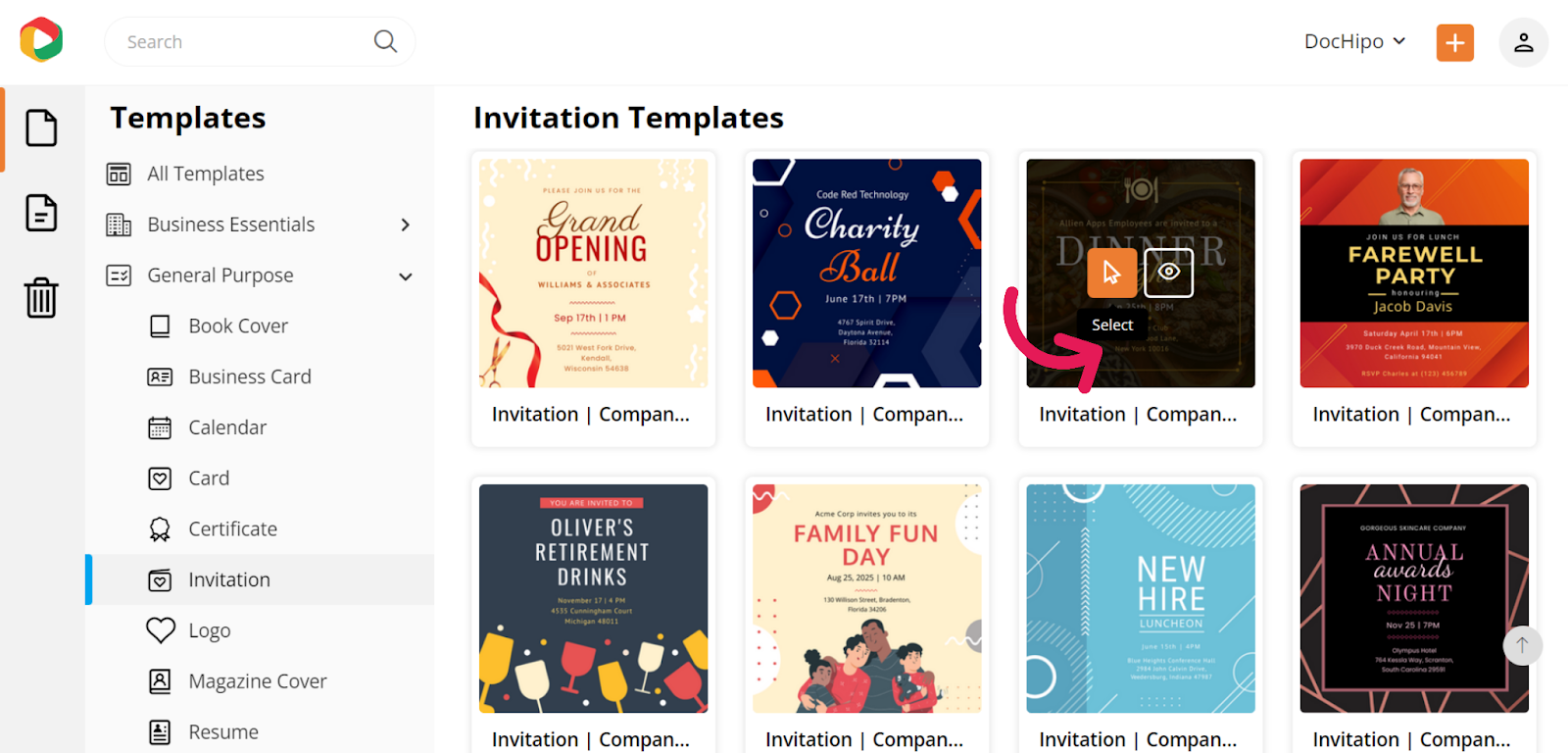 Select Invitation template
