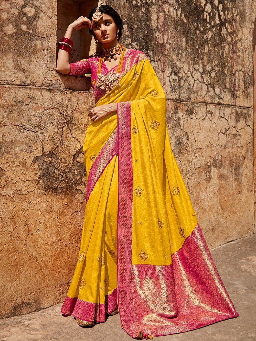 the loom - Yellow Pink Zari Woven Banarasi Silk Blend Saree