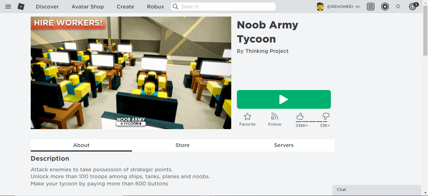 Screenshot of Thinking Project's Noob Army Tycoon preview in Roblox