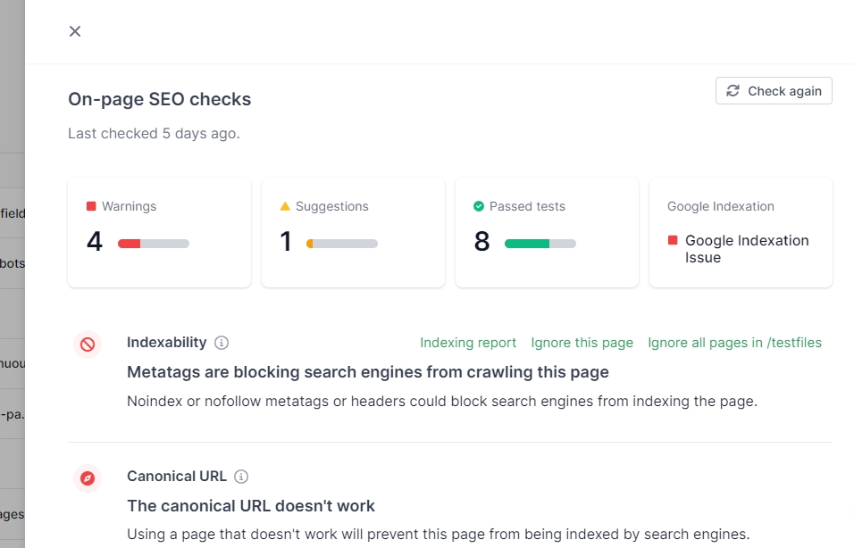 detailed on page seo report with siteguru