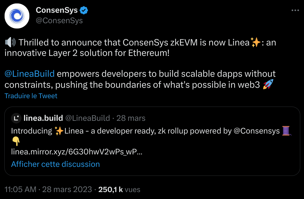 Tweet de consensys qui annonce l'ouverture du testnet de sa zkEVM Linea.